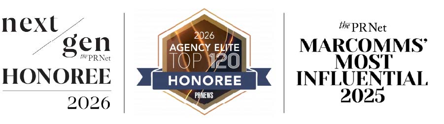 Three award badges: next/gen the PR Net Honoree 2026, PR News Agency Elite Top 120 Honoree 2026, and the PR Net Marcomms' Most Influential 2025