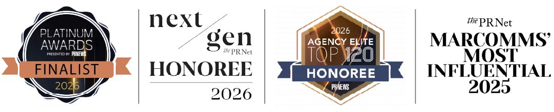 Lisa Lauri awards Aug 2026 Four award badges: PRNEWS Platinum Awards Finalist 2026, next/gen the PR Net Honoree 2026, PR News Agency Elite Top 120 Honoree 2026, and the PR Net Marcomms' Most Influential 2025