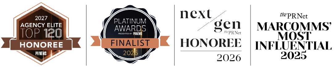 Lisa Lauri pr awards_website banner Four award badges: PRNEWS Platinum Awards Finalist 2026, next/gen the PR Net Honoree 2026, PR News Agency Elite Top 120 Honoree 2026, and the PR Net Marcomms' Most Influential 2025